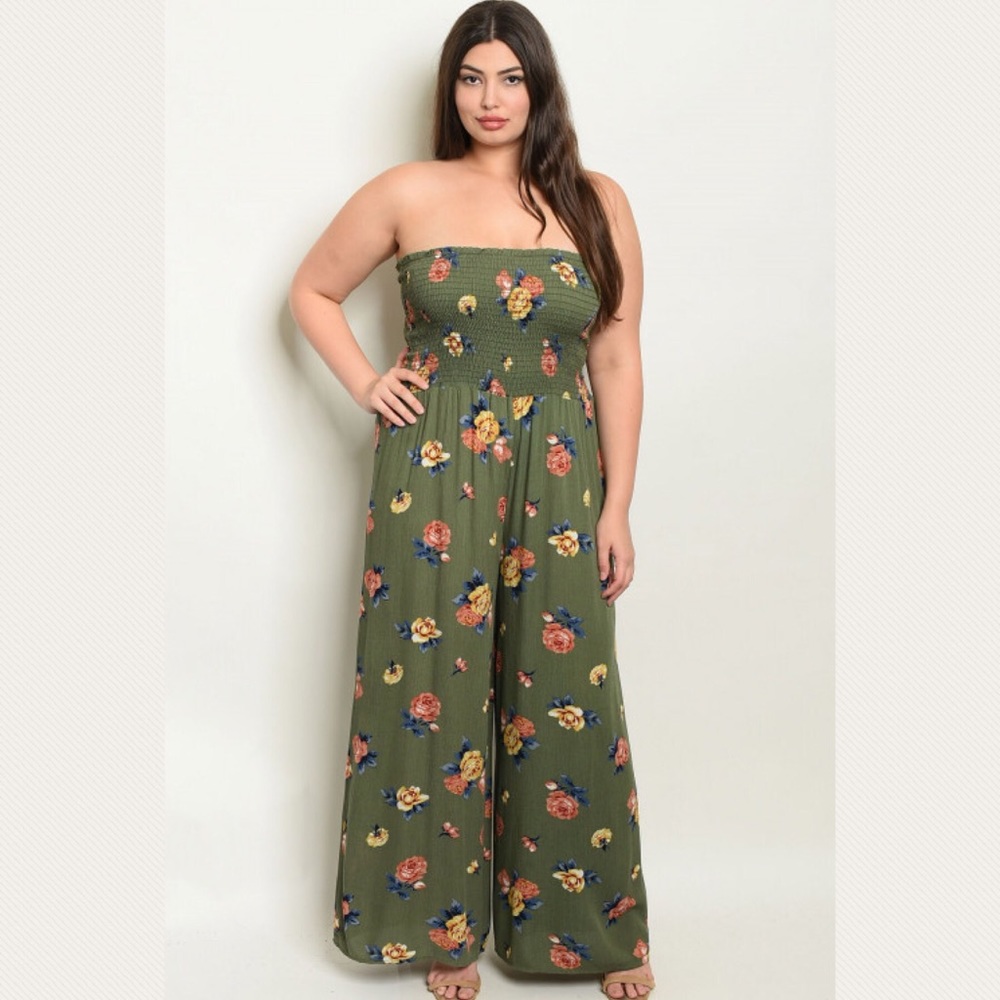 Plus Size Olive Green Floral Print Jumpsuit Romper - Picture 2 of 4